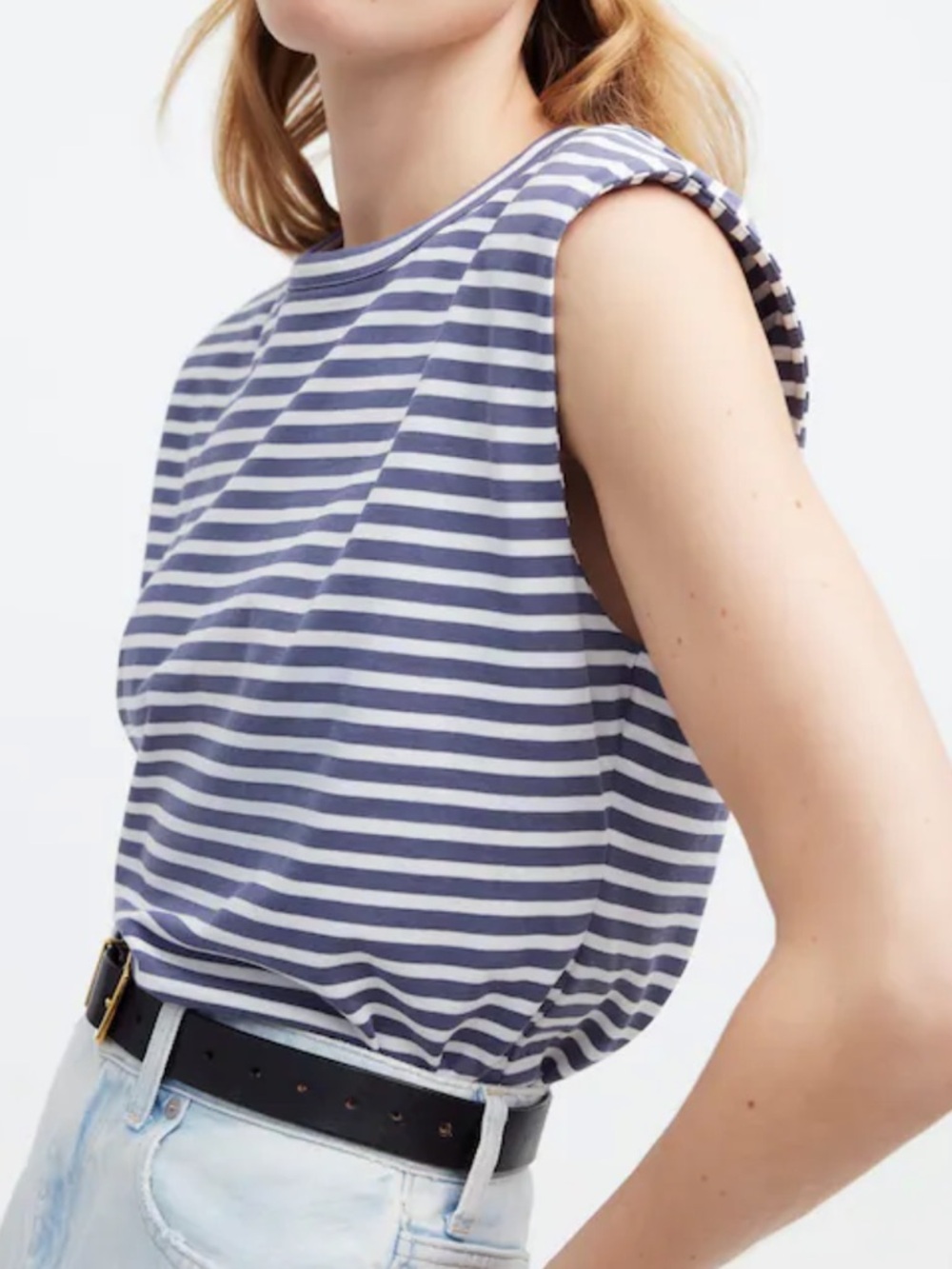 Madewell Structured Muscle Tee in Sunfaded Indigo Striped Shoulderpad Tank Large